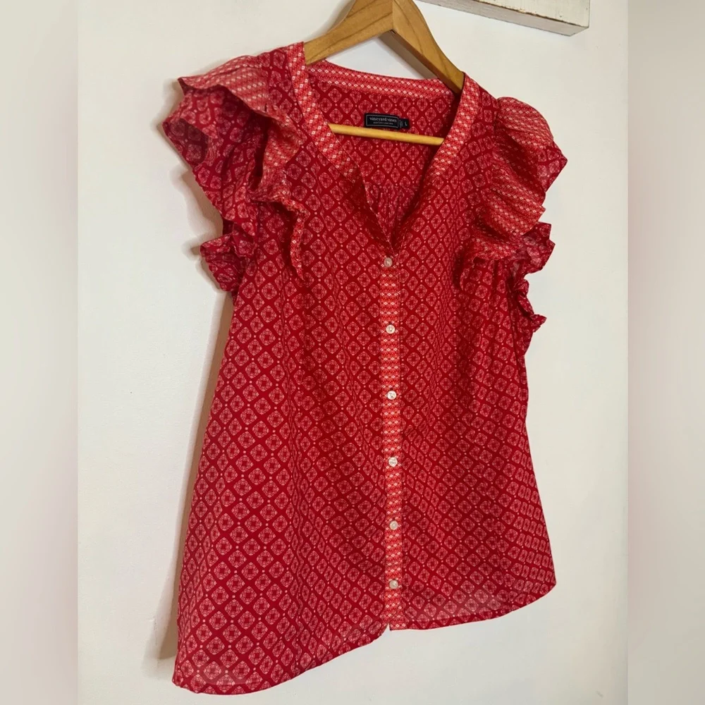 Vineyard Vines Red Tile Patterned Ruffle Blouse - Picture 5 of 6